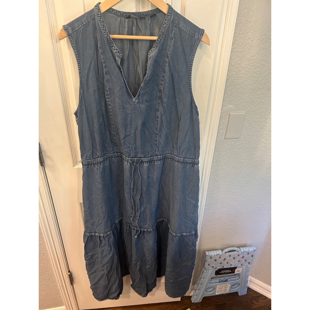 Lands' End Midi Dress Blue Sleeveless Tiered Chambray Drawstring Waist XXL